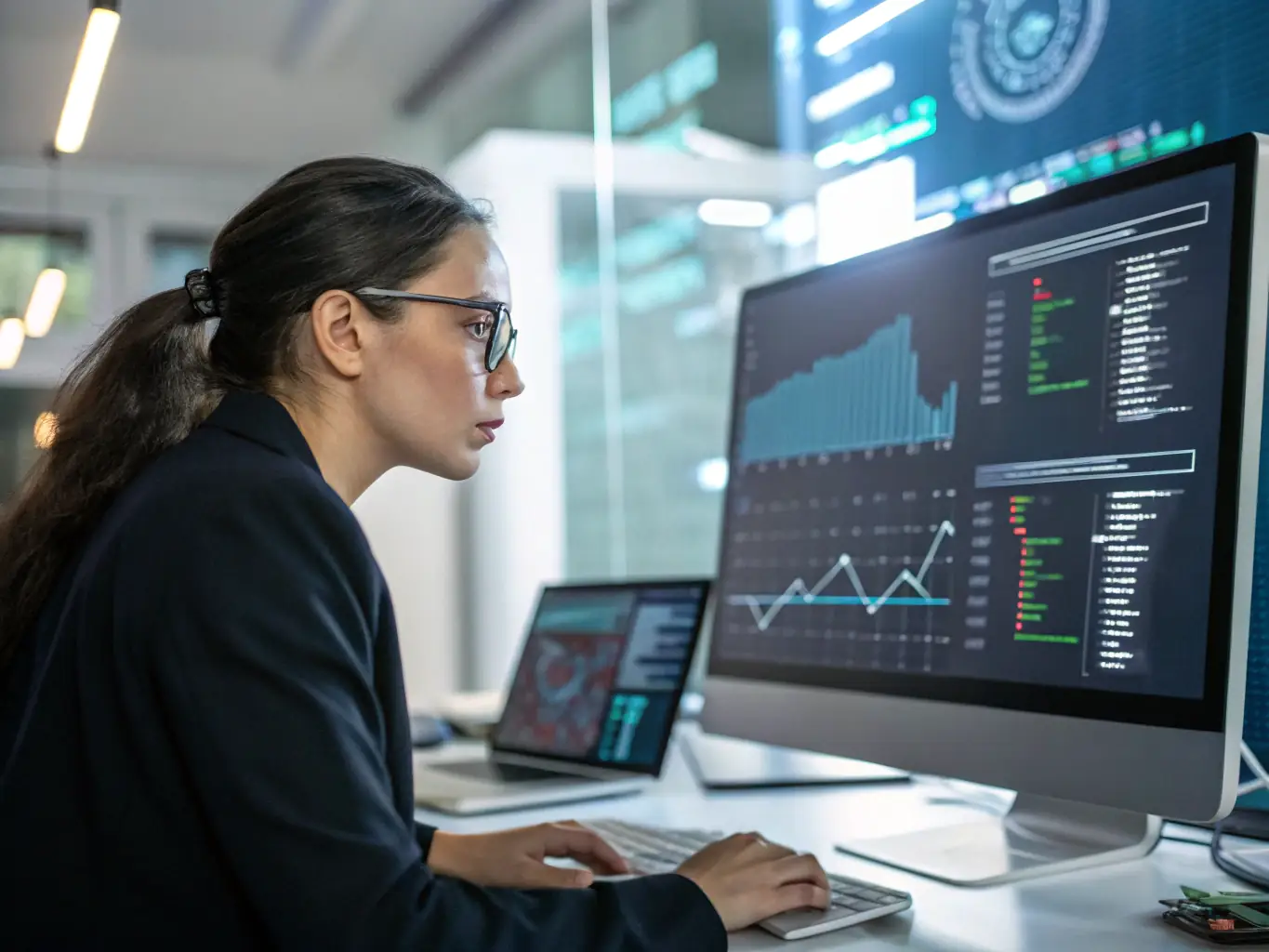 A cybersecurity expert is analyzing network traffic on a computer screen, with security protocols and data encryption symbols visible, highlighting the security features of IT solutions.